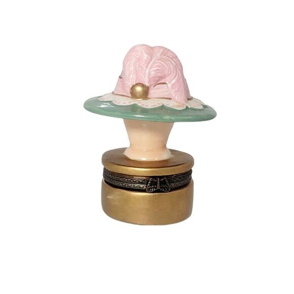 Vintage Green with Pink Bow Victorian Hat Hinged Trinket Box includes Trinket - Picture 1 of 10